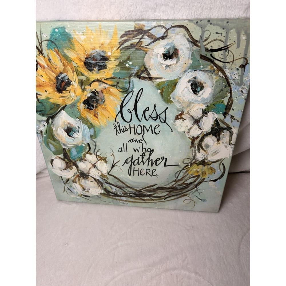 Hobby Lobby "Bless This Home" Sunflower & Cotton Wreath Canvas Wall Art 14"x14"